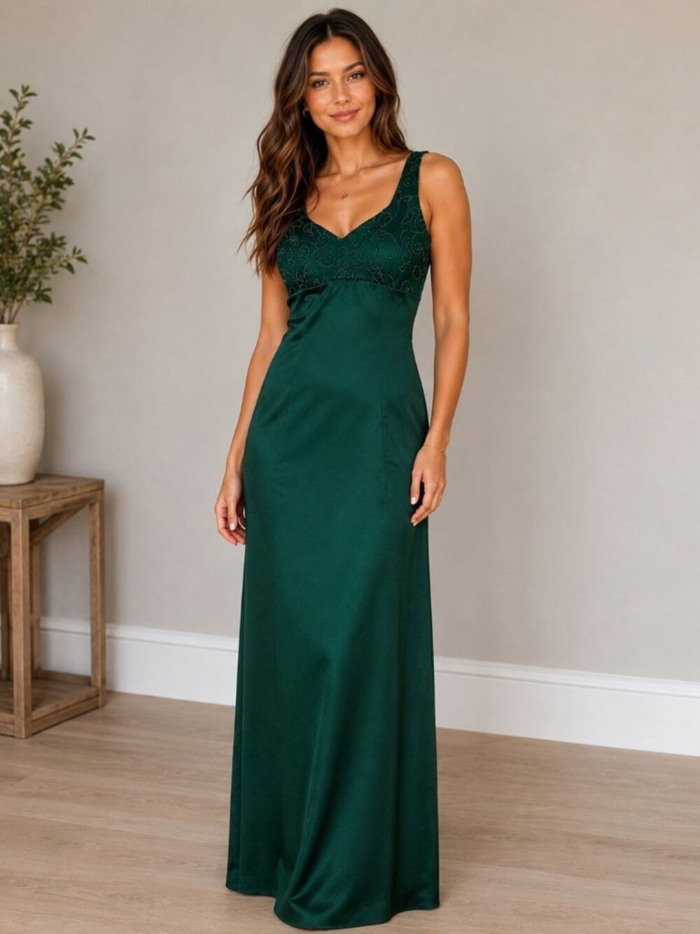 Vtg 80s Bill Levkoff Emerald Green Satin Beaded  Prom Evening Gown Size 10